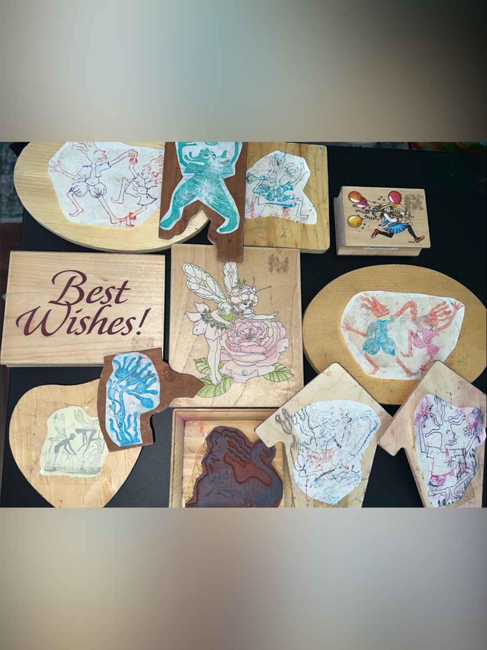 Vintage Wood Mounted Rubber Stamp Lot 10 piece